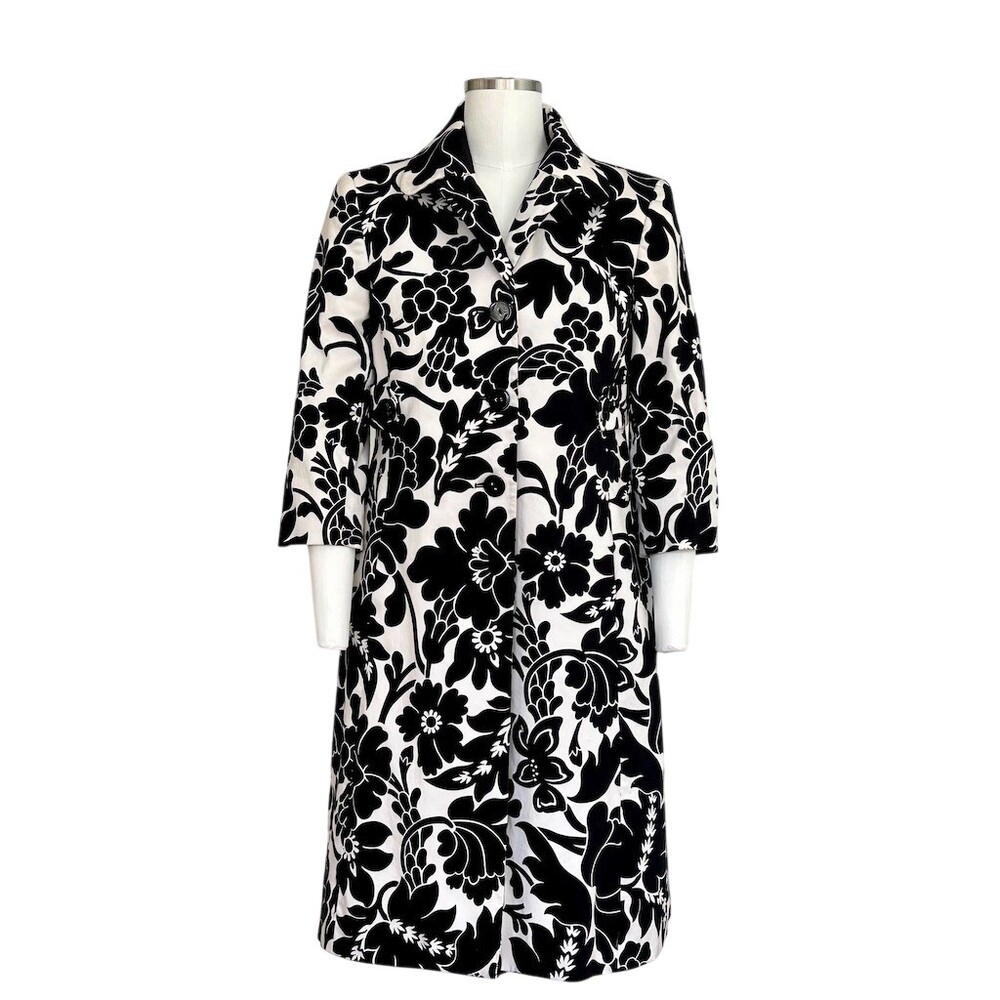 Kasper Coat Womens Petite 6P Black White Floral Long Button Front 3/4